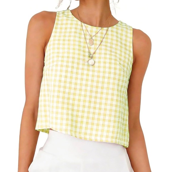 IDEALSANXUN Tops - NWT Yellow Gingham Tank Top Women Cotton Plaid Button Back Crop Blouse XS